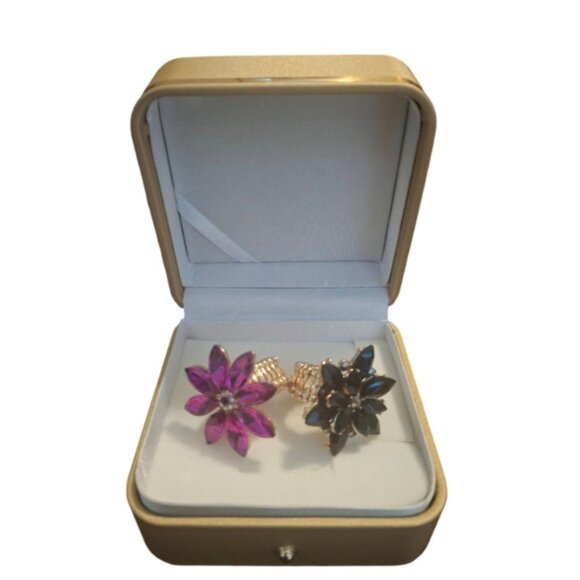 Fuchsia & Black Rhinestone Flower Rings - Picture 2 of 4